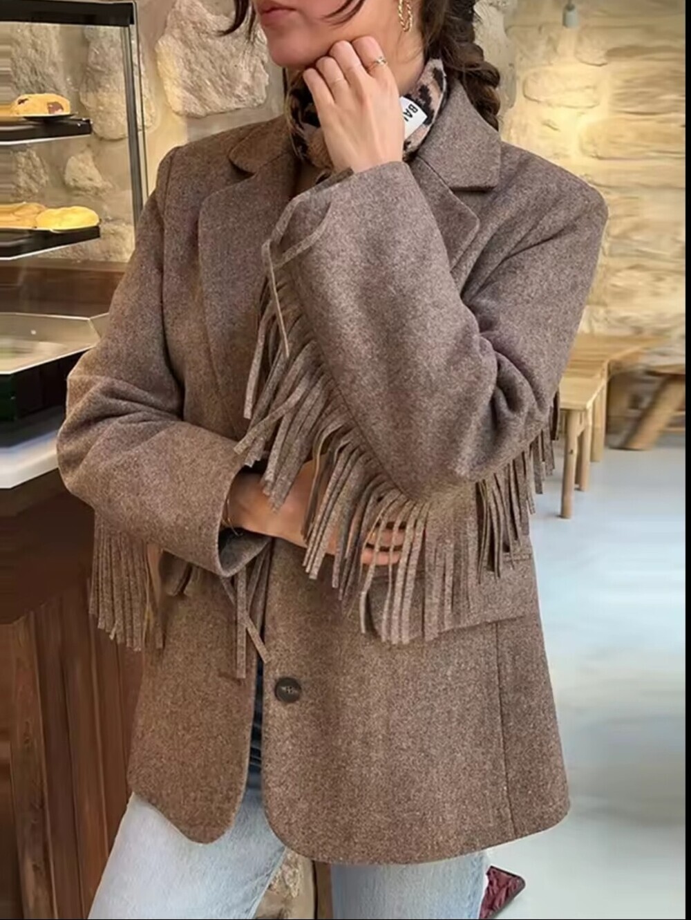 Elegant Women Blazer Coat Turn down Collar Full Sleeve Tassel Solid Thick Warm J